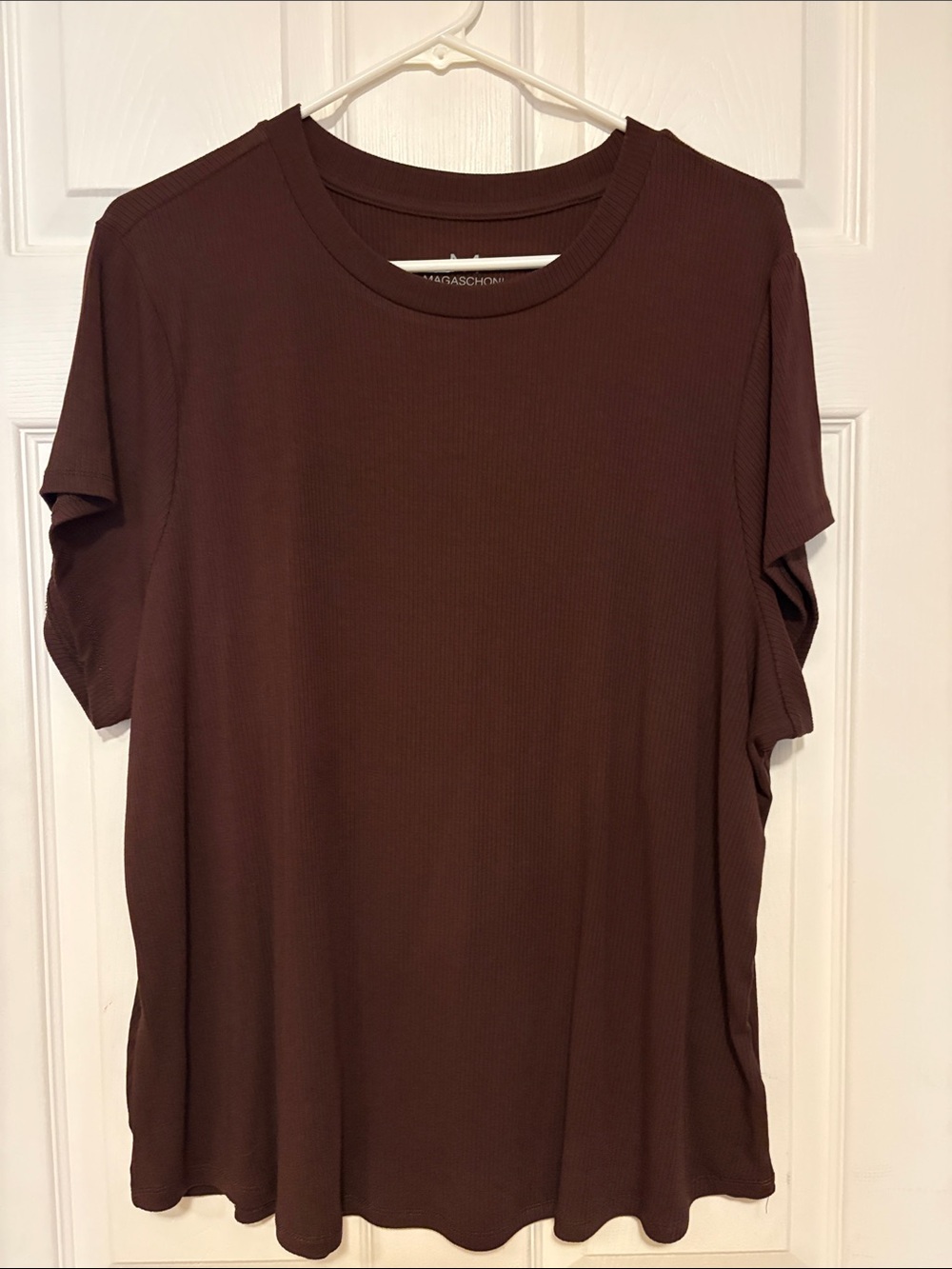 Magaschoni Short Sleeve Ribbed Crewneck Top - Chocolate Brown